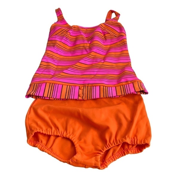 Vintage 60s Two Piece Swimsuit Tankini Bikini Pinup Pink Orange Womens Small - Picture 1 of 15